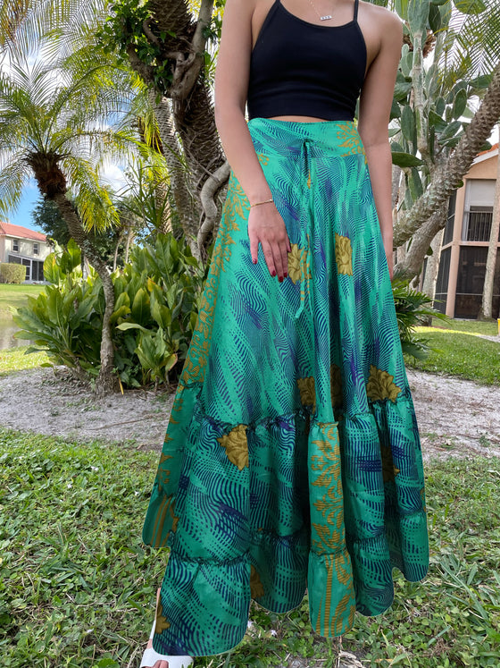 Womens Sea Green Floral Beach Maxi Skirt Tiered Ruffle Boho Skirt ML