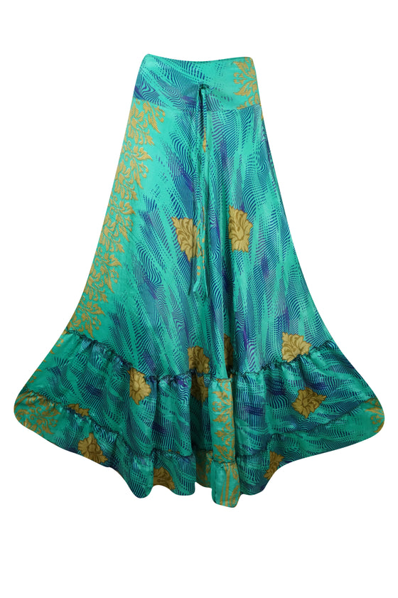 Womens Sea Green Floral Beach Maxi Skirt Tiered Ruffle Boho Skirt ML