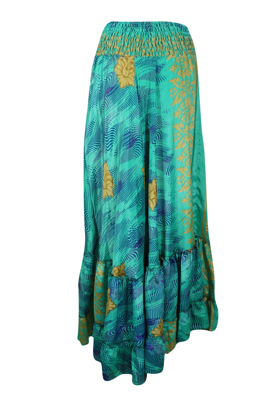 Womens Sea Green Floral Beach Maxi Skirt Tiered Ruffle Boho Skirt ML