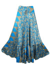 Womens Light Blue Floral Beach Maxi Skirt Tiered Ruffle Boho Skirt ML