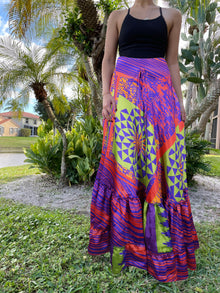  Summer Bright Purple Floral Beach Maxi Skirt Patchwork Boho Skirt Dress ML