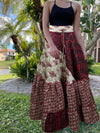 Summer Dark Red Floral Beach Maxi Skirt Patchwork Boho Skirt Dress M/L