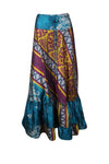 Womens Blue Yellow Floral Beach Maxi Skirt Tiered Ruffle Boho Skirt ML