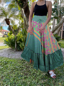  Womens Pine Green Floral Beach Maxi Skirt Tiered Ruffle Boho Skirt ML