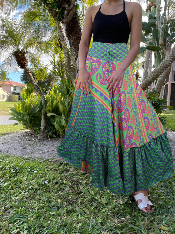 Womens Pine Green Floral Beach Maxi Skirt Tiered Ruffle Boho Skirt ML