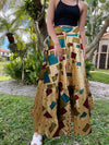 Womens Beige Box Print Beach Maxi Skirt Tiered Ruffle Boho Skirt ML