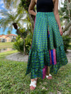 Womens Dark Green Floral Beach Maxi Skirt Tiered Ruffle Boho Skirt ML