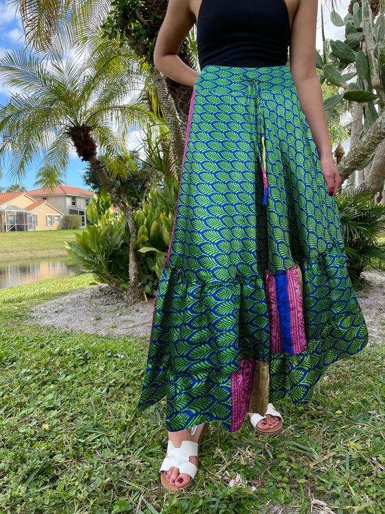 Womens Dark Green Floral Beach Maxi Skirt Tiered Ruffle Boho Skirt ML