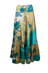 Womens Blue, Gold Floral Beach Maxi Skirt Tiered Ruffle Boho Skirt ML