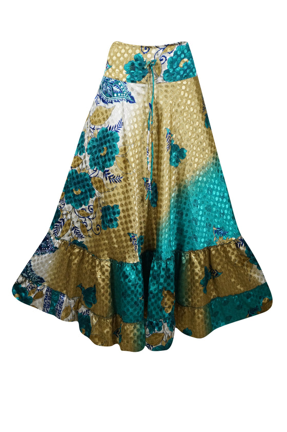 Womens Blue, Gold Floral Beach Maxi Skirt Tiered Ruffle Boho Skirt ML