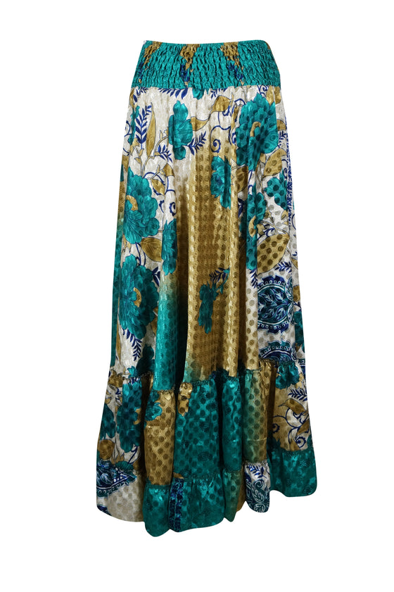 Womens Blue, Gold Floral Beach Maxi Skirt Tiered Ruffle Boho Skirt ML