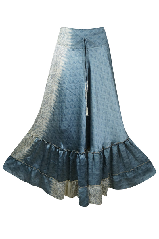 Womens Stone Blue Beach Maxi Skirt Tiered Ruffle Boho Skirt ML