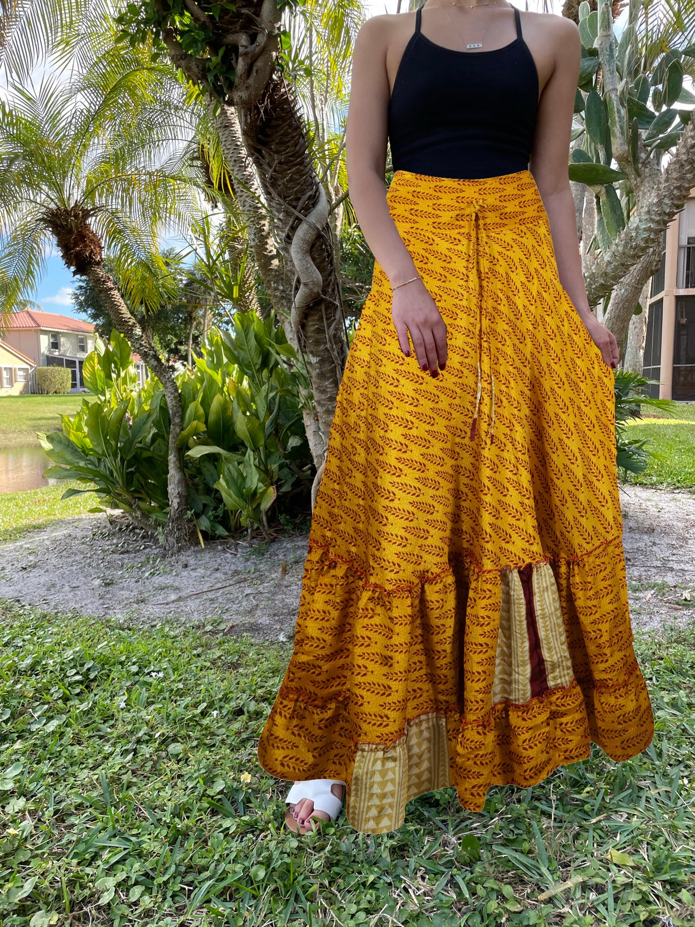 Womens Gold Yellow Floral Beach Maxi Skirt Tiered Ruffle Boho Skirt ml