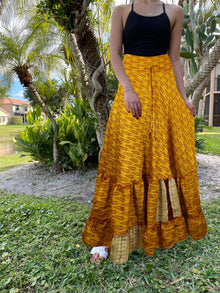  Womens Gold Yellow Floral Beach Maxi Skirt Tiered Ruffle Boho Skirt ML