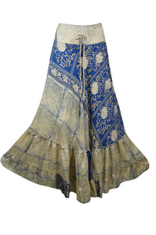  Womens Skirt Blue Beige Floral Maxi Skirt Tiered Ruffle Boho Skirt ML