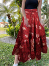 Womens Rose Red, Floral Beach Maxi Skirt Tiered Ruffle Boho Skirt ML