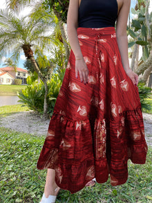  Womens Rose Red, Floral Beach Maxi Skirt Tiered Ruffle Boho Skirt ML