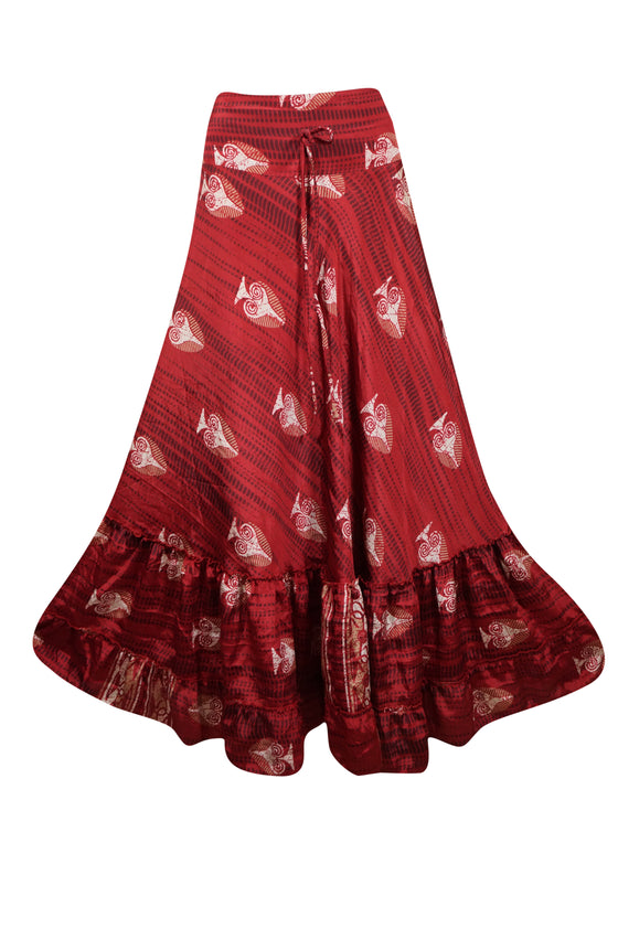 Maxi Skirts for Women Rose Red Floral Beach Skirt Tiered Ruffle Boho Skirt ML