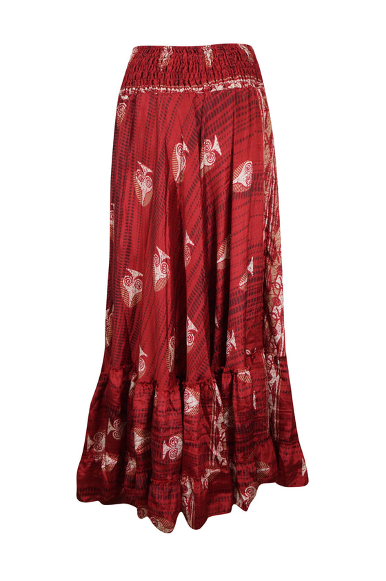 Maxi Skirts for Women Rose Red Floral Beach Skirt Tiered Ruffle Boho Skirt ML