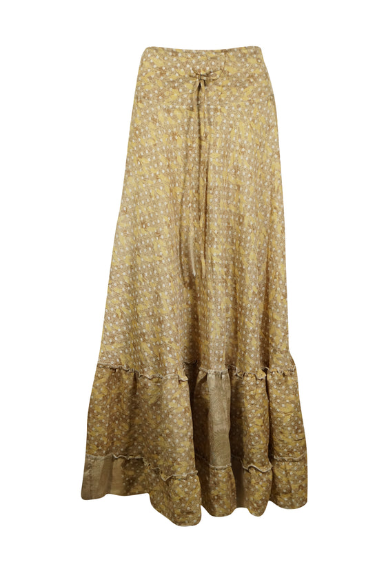 Maxi Skirt  Beige Leaf Print Skirt Woman's Tiered Stylish Boho Skirt ML