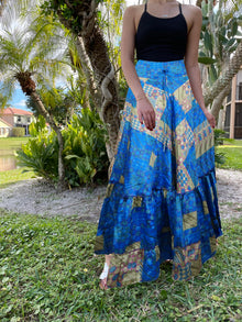  Woman's Maxi Skirt Lapis Blue Floral Maxi Skirt Tiered Stylish Boho Skirt ML