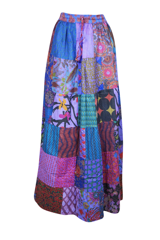 Boho Chic Blue & Purple Floral Patchwork Maxi Skirt – Handmade & Free-Spirited S/M/L