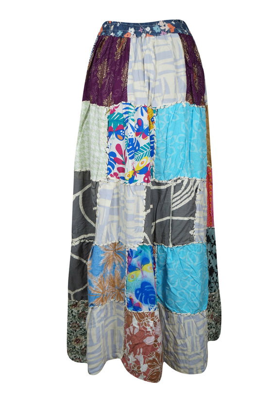 Womens Fall Maxi Skirt White Patchwork Skirts Retro Festive Hippie Skirts S/M