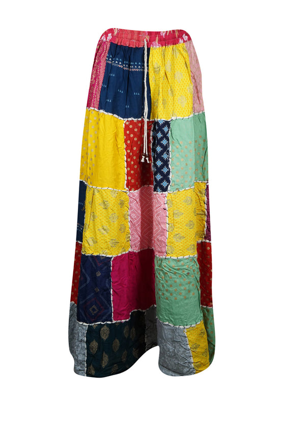 Womens Beach Maxi Skirt Yellow Patchwork Skirts Hippie Skirts S/M