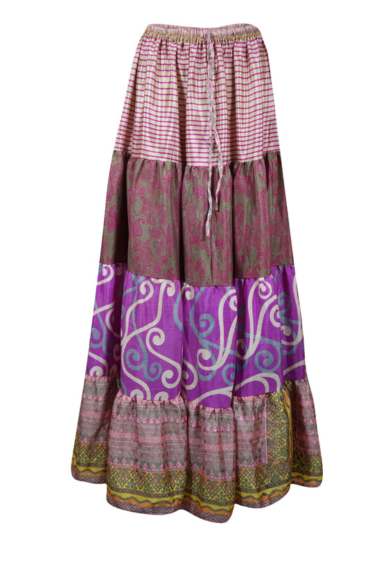 Womens Purple Floral Beach Long Skirt Patchwork Boho Skirts S/M