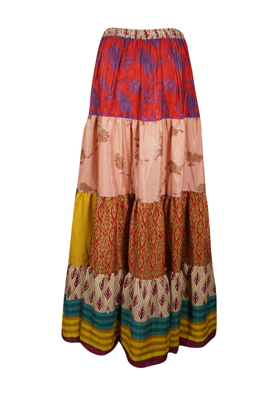 Womens  Peach Multi Beach Long Skirt Patchwork Boho Skirts S/M