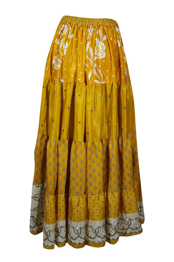 Womens Medallion Yellow  Beach Maxi Skirt Patchwork Boho Skirts S/M