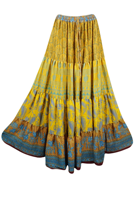 Womens Canary Yellow Beach Maxi Skirt Patchwork Boho Skirts S/M