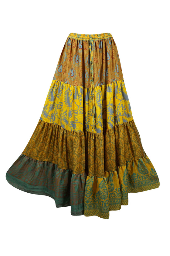 Womens Medallion Yellow Beach Maxi Skirt Patchwork Boho Skirts S/M