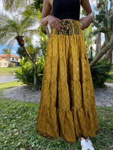  Womens Dark, Gold Floral printed Long Skirt Beach Boho Skirts S/M