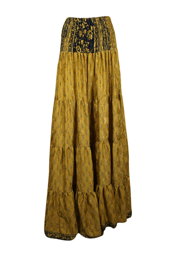 Women's Skirt Dark Gold Floral printed Long Skirt Beach Boho Skirts S/M