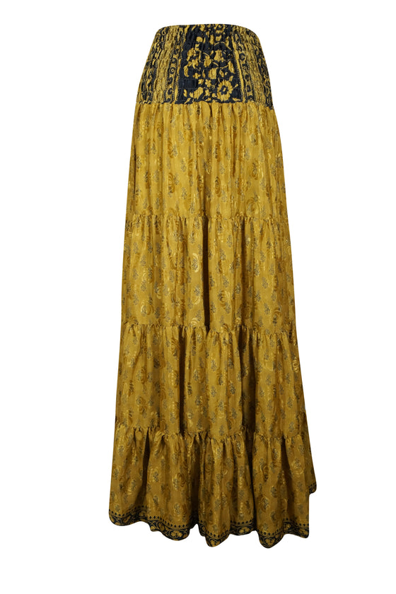 Women's Skirt Dark Gold Floral printed Long Skirt Beach Boho Skirts S/M