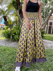  Summer Yellow, Purple Floral Beach Maxi Skirt Patchwork Boho Skirt Dress S/M