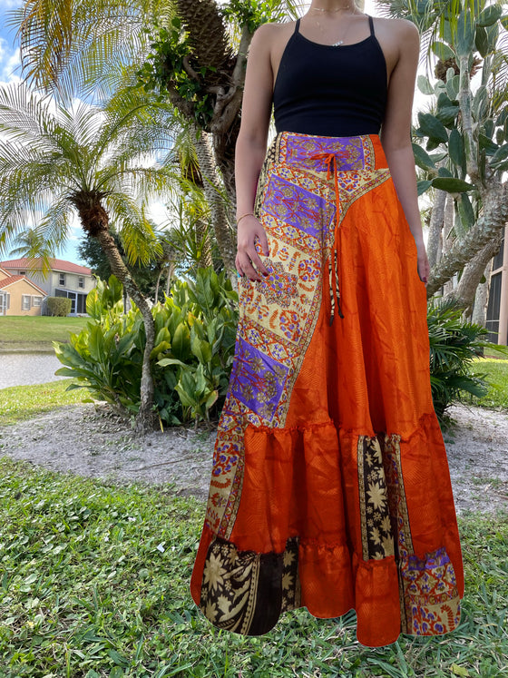 Womens Bright Orange Floral Maxi Skirt Boho Ruffle Long Skirt ML