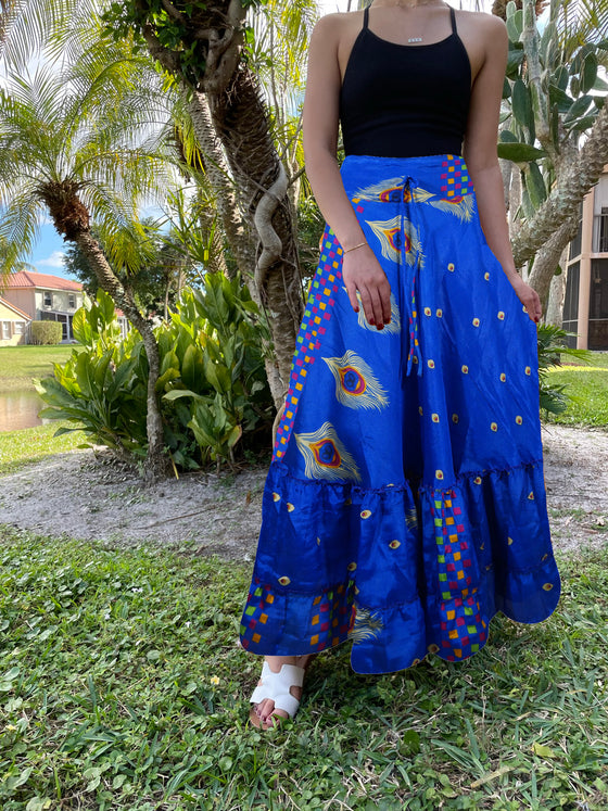 Womens Sapphire Blue Floral Beach Maxi Skirt Tiered Ruffle Boho Skirt ML