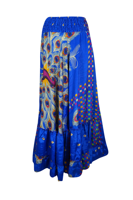 Womens Sapphire Blue Floral Beach Maxi Skirt Tiered Ruffle Boho Skirt ML