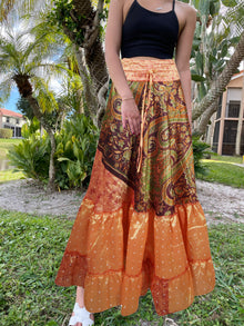  Maxi Skirt Tangerine Orange Floral Skirt Woman's Tiered Boho Skirt ML