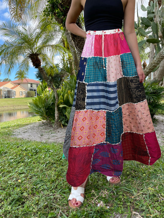 Womens Beach Maxi Skirt Pink Blue Patchwork Boho Hippie Travel Skirts S/M