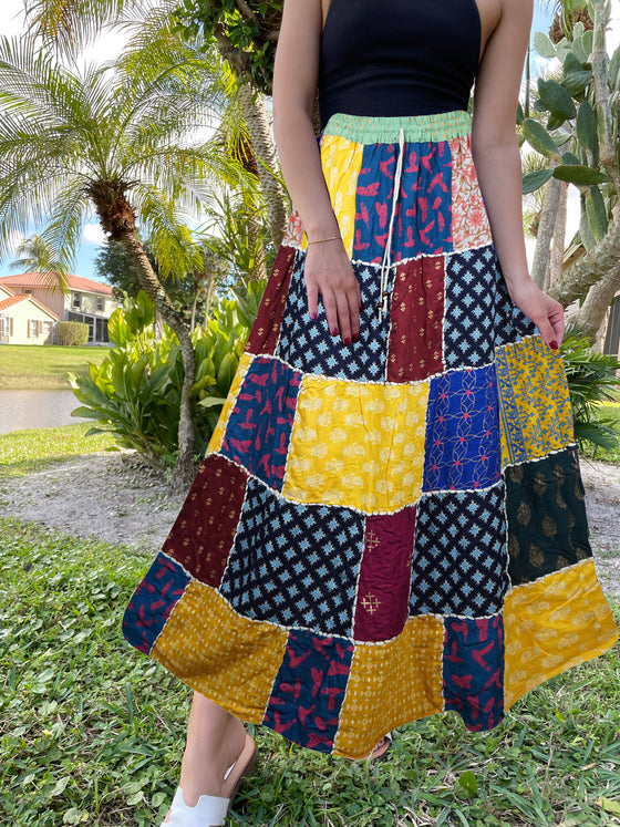 Womens Beach Maxi Skirt Blue, Yellow Patchwork Skirts Hippie Skirts S/M