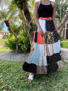 Womens Beach Maxi Skirt Blue, Black Patchwork Stylish Hippie Skirts S/M