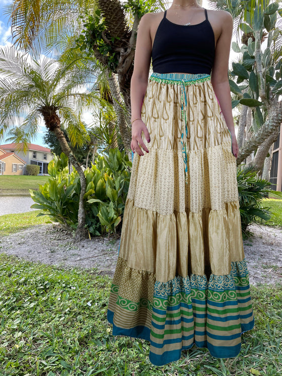 Womens Beige Green Beach Maxi Skirt Patchwork Boho Skirts S/M