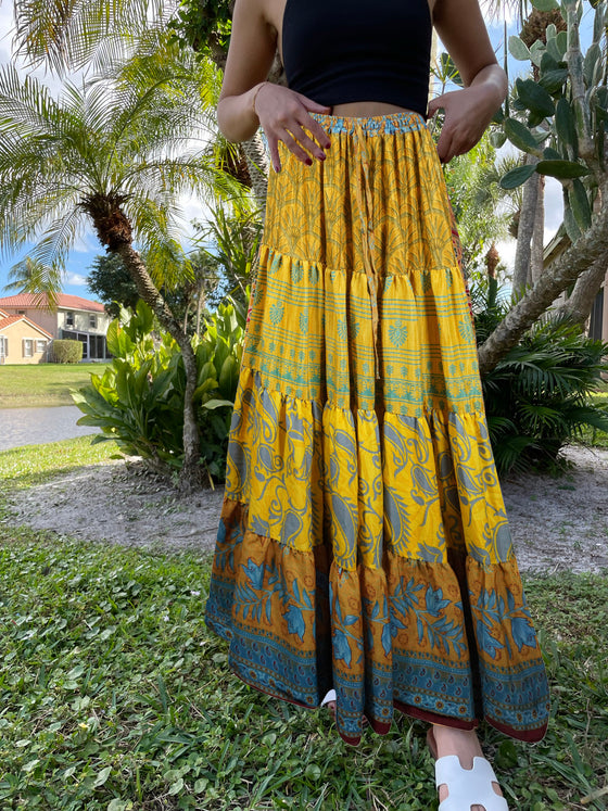 Womens Canary Yellow Beach Maxi Skirt Patchwork Boho Skirts S/M