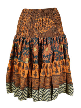 Womens Summer Ruched Skirt Orange, Floral Beach Recycle Silk Skirts S/M