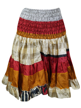 Women Boho Chic Skirt Red White Beach Recycle Silk Stylish Skirts S/M