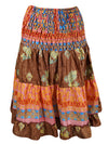 Women Boho Chic Skirt Brown, Pink Floral Beach Recycle Silk Stylish Skirts S/M