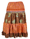 Women Boho Chic Skirt Brown, Pink Floral Beach Recycle Silk Stylish Skirts S/M